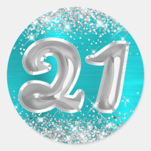 Silver Glitter Turquoise Blue Number 21 Birthday Ronde Sticker