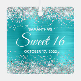 Silver Glitter Turquoise Blue Ombre Folie Sweet 16 Metalen Ornament