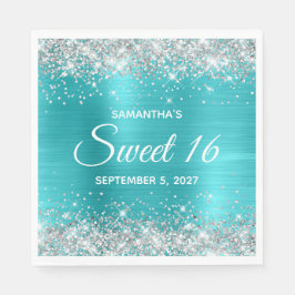 Silver Glitter Turquoise Blue Ombre Folie Sweet 16 Servet