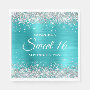 Silver Glitter Turquoise Blue Ombre Folie Sweet 16 Servet
