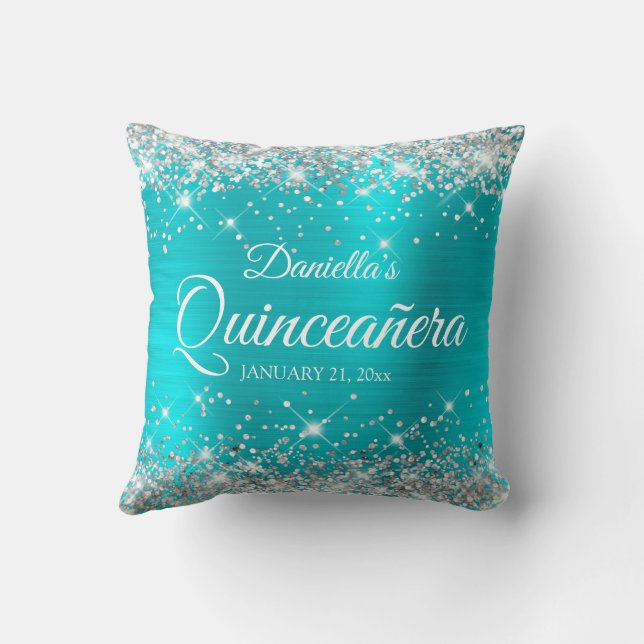 Silver Glitter Turquoise Blue Quinceañera Kussen (Achterkant)