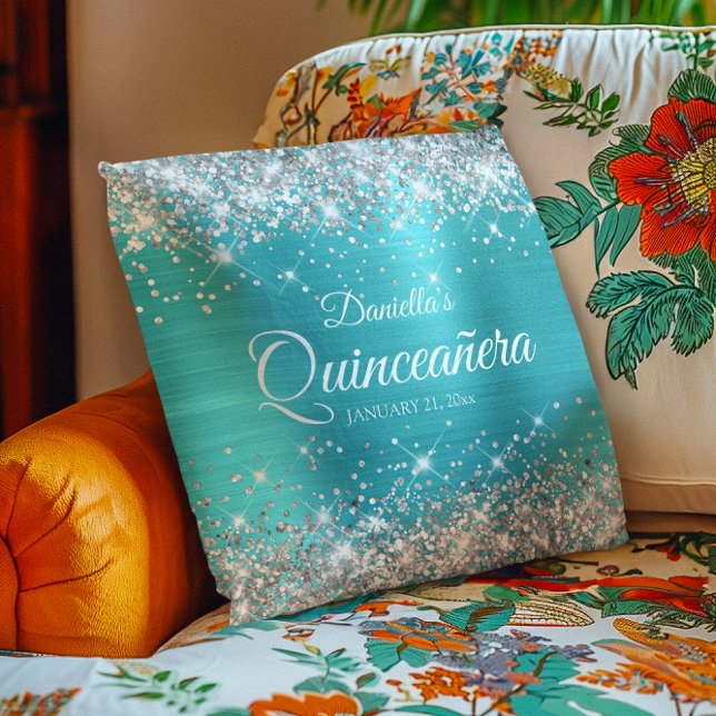 Silver Glitter Turquoise Blue Quinceañera Kussen (Silver Glitter Turquoise Blue Quinceañera Throw Pillow)