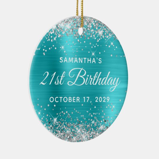 Silver Glitter Turquoise Foil 21st Birthday Keramisch Ornament (Rechts)