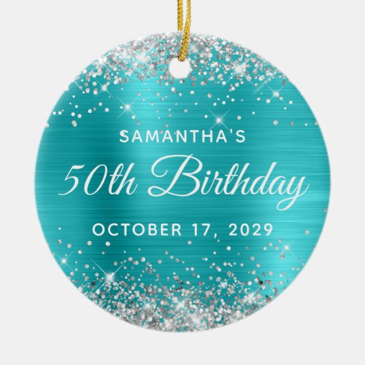 Silver Glitter Turquoise Foil 50th Birthday Keramisch Ornament (Voorkant)