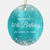Silver Glitter Turquoise Foil 50th Birthday Keramisch Ornament (Links)