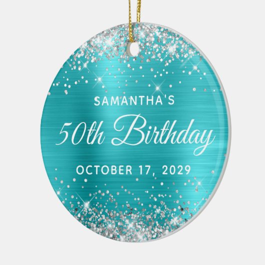 Silver Glitter Turquoise Foil 50th Birthday Keramisch Ornament (Links)