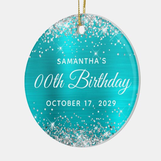 Silver Glitter Turquoise Foil Any Year Birthday Keramisch Ornament (Links)