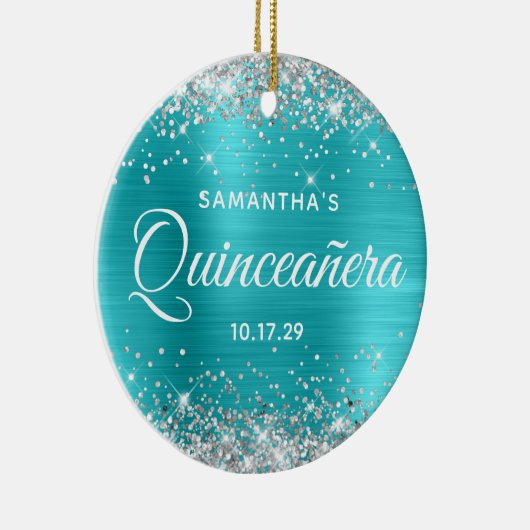 Silver Glitter Turquoise Foil Quinceañera Keramisch Ornament (Rechts)