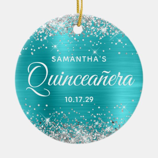 Silver Glitter Turquoise Foil Quinceañera Keramisch Ornament (Voorkant)