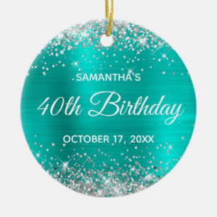 Silver Glitter Turquoise Folie 40th Birthday Keramisch Ornament