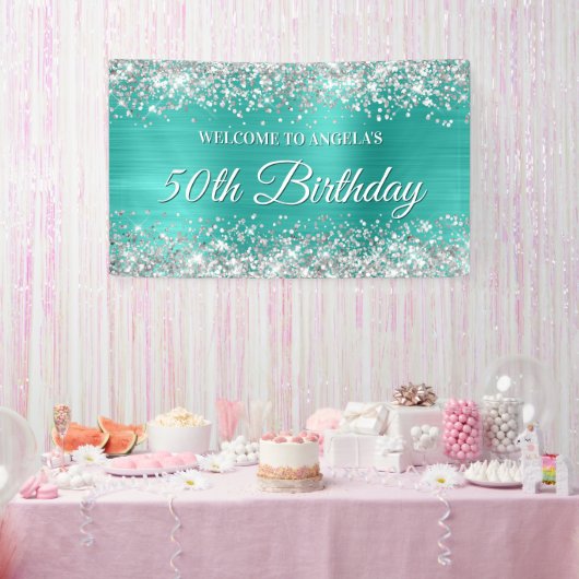 Silver Glitter Turquoise Folie 50th Birthday Spandoek (Feest)