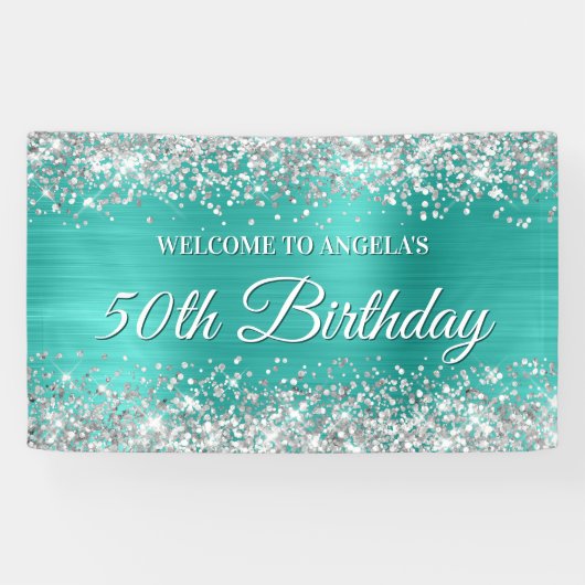 Silver Glitter Turquoise Folie 50th Birthday Spandoek (Horizontaal)