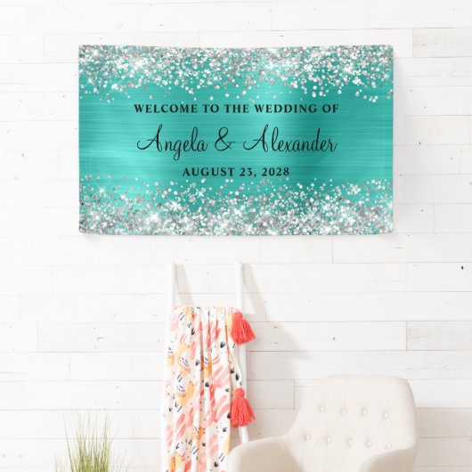 Silver Glitter Turquoise Folie Bruiloft Welkom Spandoek (Insitu)