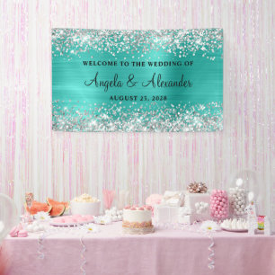 Silver Glitter Turquoise Folie Bruiloft Welkom Spandoek