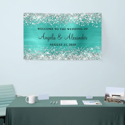 Silver Glitter Turquoise Folie Bruiloft Welkom Spandoek (Beurs)