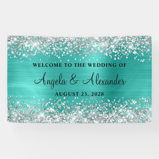 Silver Glitter Turquoise Folie Bruiloft Welkom Spandoek (Horizontaal)