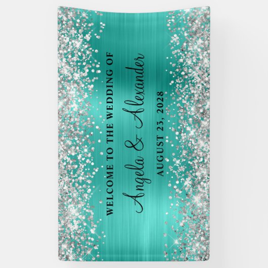 Silver Glitter Turquoise Folie Bruiloft Welkom Spandoek (Verticaal)