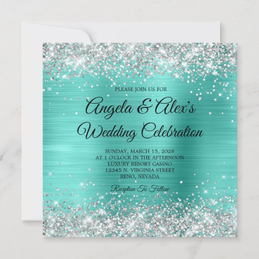 Silver Glitter Turquoise Folie Elegant Wedding Kaart (Voorkant)