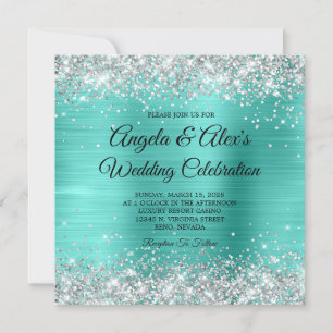 Silver Glitter Turquoise Folie Elegant Wedding Kaart