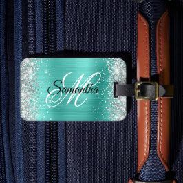 Silver Glitter Turquoise Folie Fancy Monogram Bagagelabel