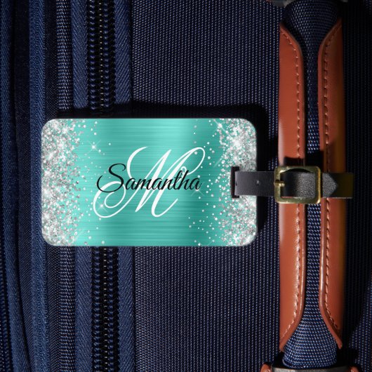 Silver Glitter Turquoise Folie Fancy Monogram Bagagelabel (Voorkant Insitu 4)