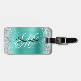 Silver Glitter Turquoise Folie Fancy Monogram Bagagelabel