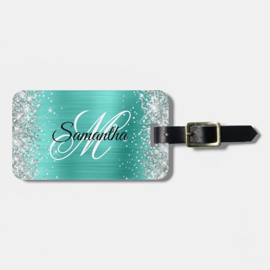 Silver Glitter Turquoise Folie Fancy Monogram Bagagelabel (Voorkant horizontaal)