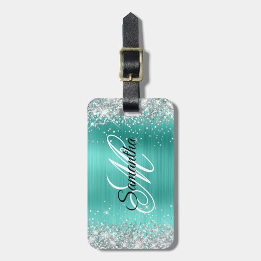 Silver Glitter Turquoise Folie Fancy Monogram Bagagelabel (Voorkant verticaal)