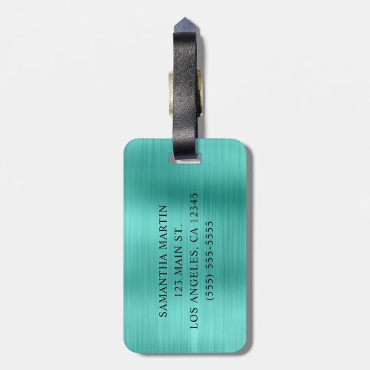 Silver Glitter Turquoise Folie Fancy Monogram Bagagelabel (Achterkant verticaal)