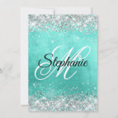 Silver Glitter Turquoise Folie Fancy Monogram Kaart (Achterkant)