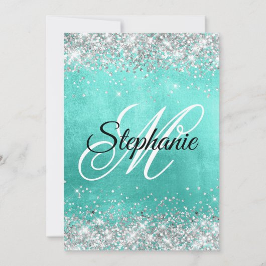 Silver Glitter Turquoise Folie Fancy Monogram Kaart (Achterkant)