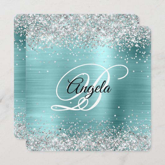 Silver Glitter Turquoise Folie Fancy Monogram Kaart (Voorkant / Achterkant)