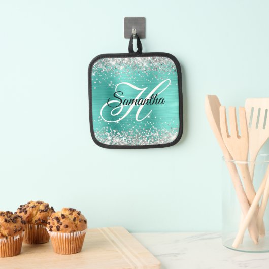 Silver Glitter Turquoise Folie Fancy Monogram Pannenlap (Insitu(Ophanging))