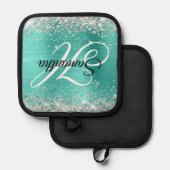 Silver Glitter Turquoise Folie Fancy Monogram Pannenlap (Voorkant / Achterkant)