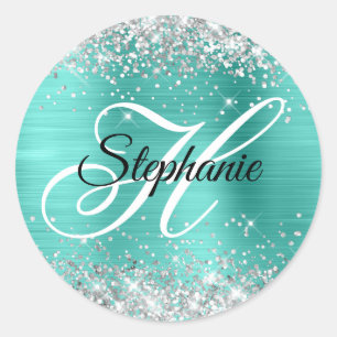 Silver Glitter Turquoise Folie Fancy Monogram Ronde Sticker