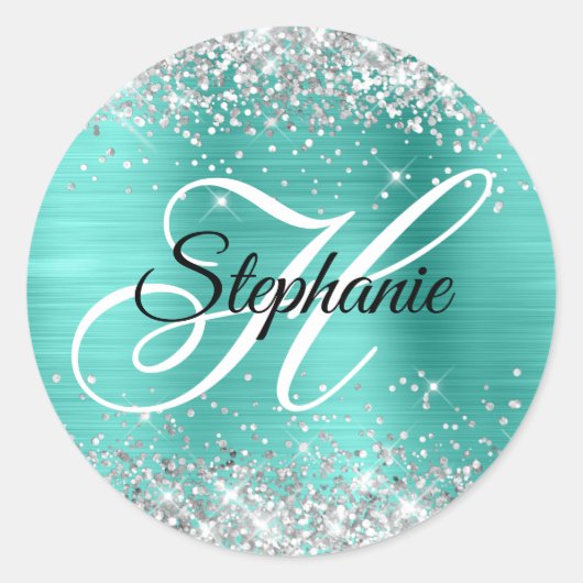 Silver Glitter Turquoise Folie Fancy Monogram Ronde Sticker (Voorkant)