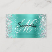 Silver Glitter Turquoise Folie Fancy Monogram Visitekaartje (Voorkant)