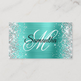 Silver Glitter Turquoise Folie Fancy Monogram Visitekaartje