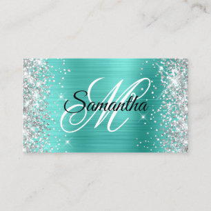 Silver Glitter Turquoise Folie Fancy Monogram Visitekaartje