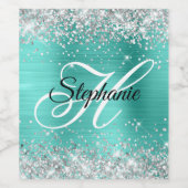 Silver Glitter Turquoise Folie Fancy Monogram Wijn Etiket (Enkel label)