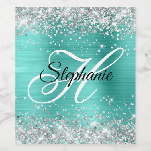 Silver Glitter Turquoise Folie Fancy Monogram Wijn Etiket (Enkel label)