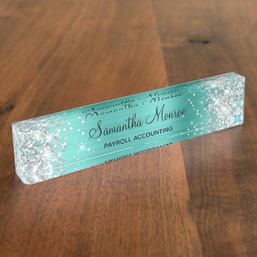 Silver Glitter Turquoise Folie Naambordje (Zijkant)