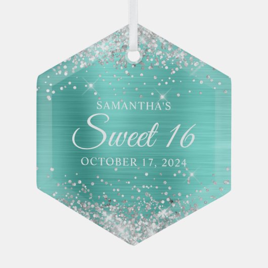 Silver Glitter Turquoise Folie Sweet 16 Glas Ornament (Voorkant)