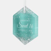 Silver Glitter Turquoise Folie Sweet 16 Glas Ornament (Voorkant links)