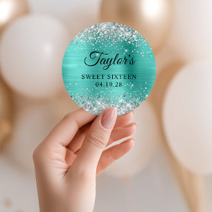 Silver Glitter Turquoise Folie Sweet Sixteen Ronde Sticker