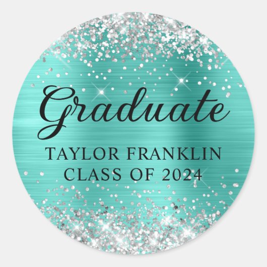 Silver Glitter Turquoise Klasse van 2024 Afstudere Ronde Sticker (Voorkant)