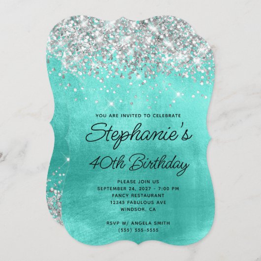 Silver Glitter Turquoise Monogram 40e verjaardag Kaart (Voorkant / Achterkant)