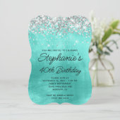 Silver Glitter Turquoise Monogram 40e verjaardag Kaart (Staand voorkant)
