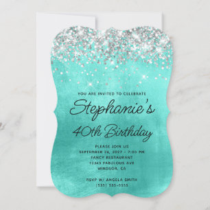 Silver Glitter Turquoise Monogram 40e verjaardag Kaart