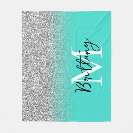 Silver Glitter Turquoise Ombre Monogram Fleece Deken (Voorkant)